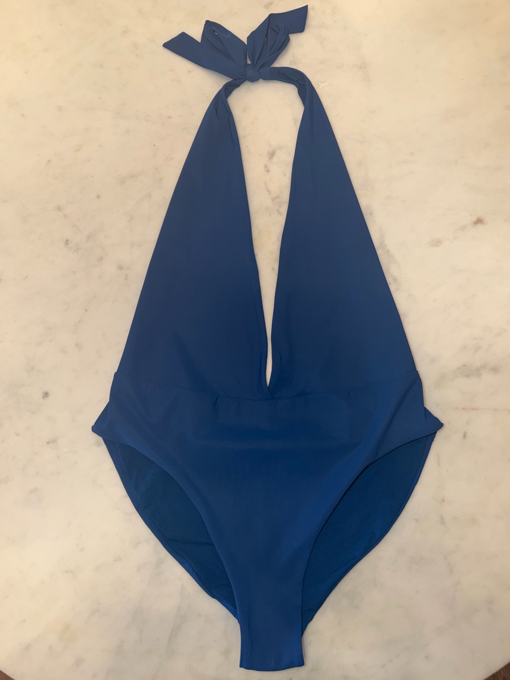 Zara Navy Deep V Plunge Halter One Piece Swimsuit Open Back L